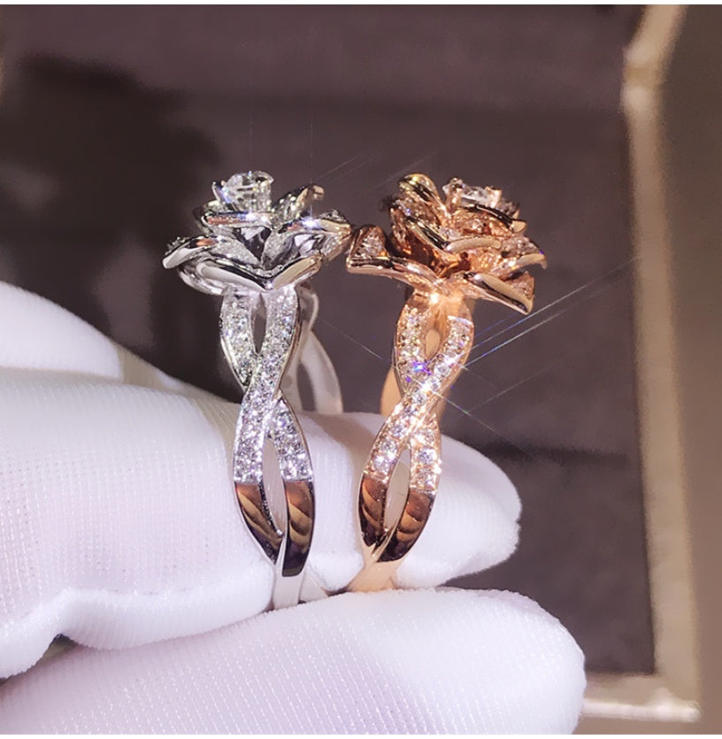 Rose Gold Plated 18K Simulated Diamond Ring For Women Classic Wedding Jewelry CopperBaseMosaic Style With Gems