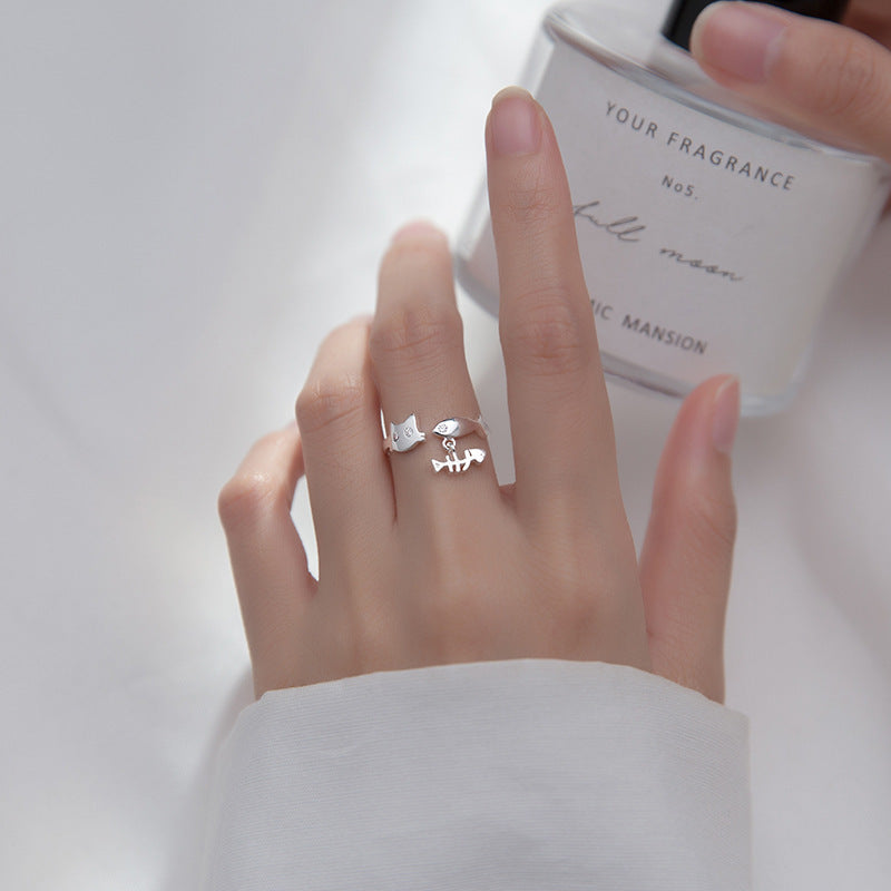Sterling Silver Ring For Women Loveable Kitten Fish Bone Design Adjustable Opening Zodiac Jewelry Gift For Her