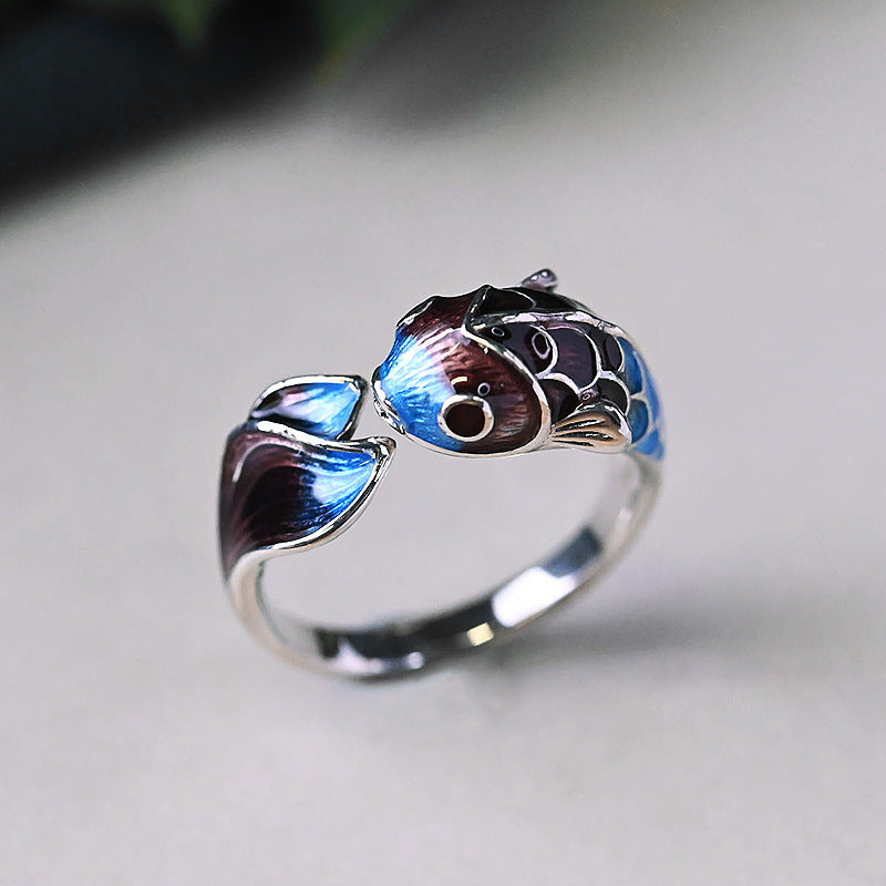 Womens Fashion Retro Ethnic Style Burnt Blue Enamel Handmade Ring Copper Koi Design Everyday Wear Accessory Ok