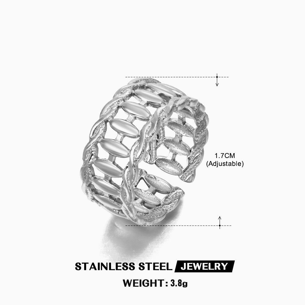 Womens Adjustable Stainless Steel Open Ring Geometric Round European Style Gold or Steel Finish Open Mouth Design