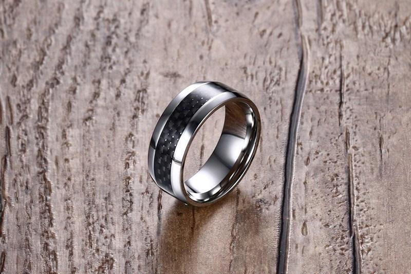 Mens Stainless Steel Carbon Fiber Ring Geometric Design Durable Band For Him Holiday Gift European American Inspired
