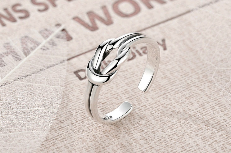 Sterling Silver Double Line Knotted Ring Retro Vintage Adjustable 925 Silver Purity Statement Ring for Women