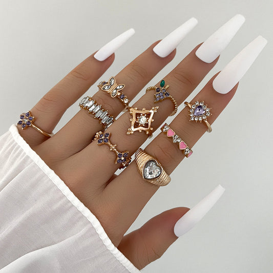 Women Geometric Alloy Ring Set Of Nine Rings With Grape Flower Design And Diamond Accents Fashion Jewelry Sets