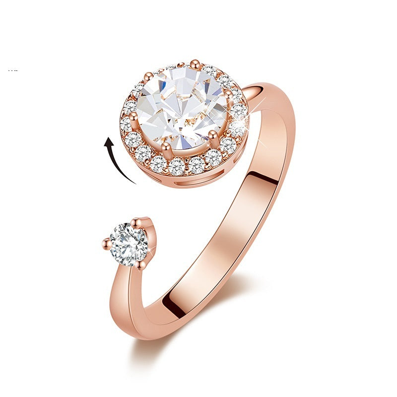 Ladies Rotating Crystal Inlay Ring With Copper Band Adjustable European American Style Jewelry Elegant Shimmer