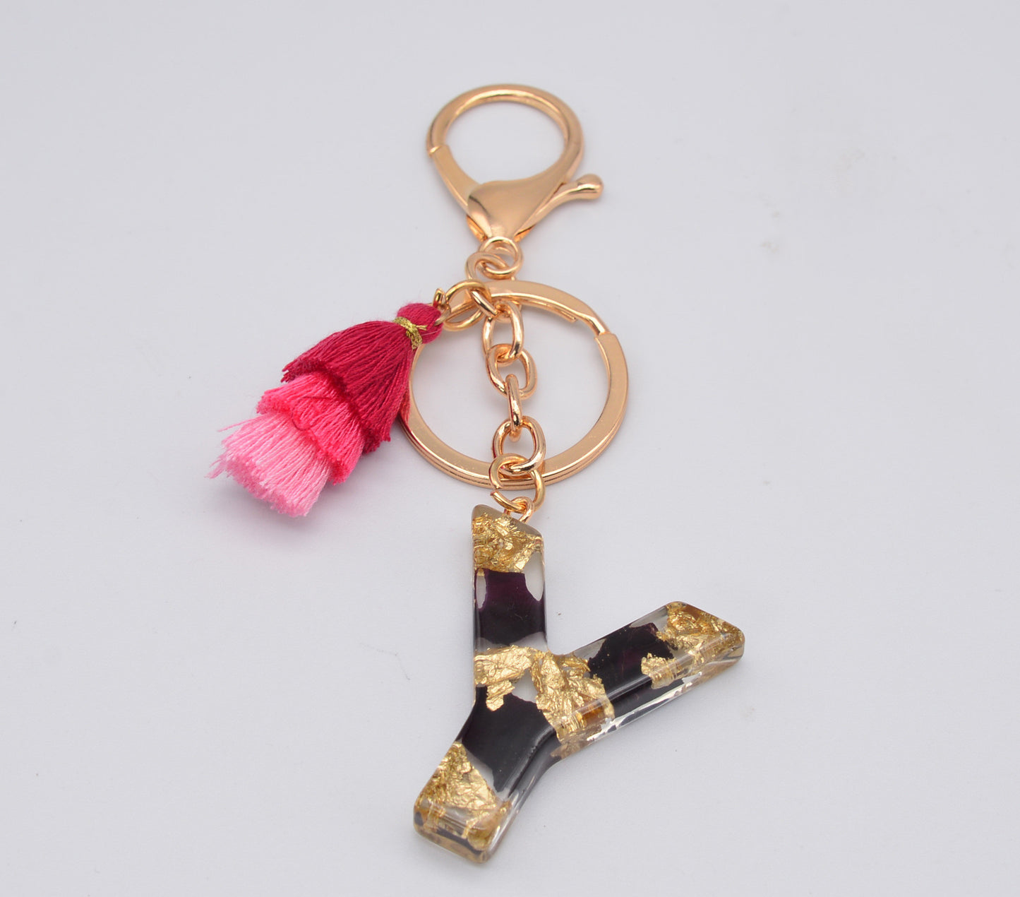 Resin Floral Keychain With Tassel Pendant Black Rose Design Durable Craftsmanship Initial Letter Bag Accessory