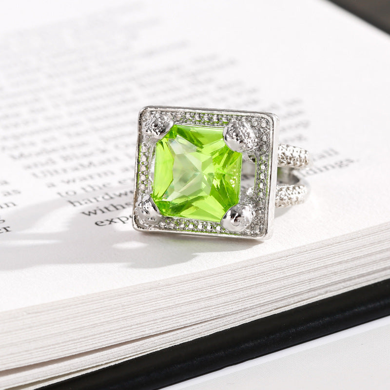 Womens Geometric Ring With Green Crystal Inlay And White Diamond Gold Plated Alloy Fashion Jewelry Rectangular