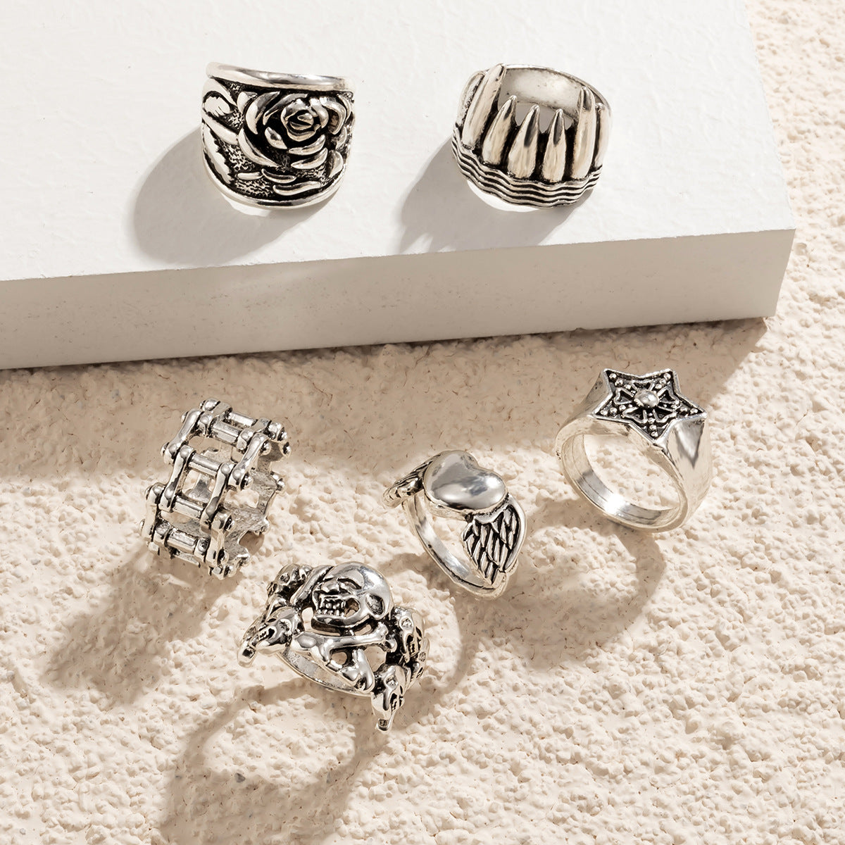 Womens Rings Set Punk Fashion Alloy Metal Rhinestone Skull Snake Retro Ethnic Geometry Statement Rings Jewelry