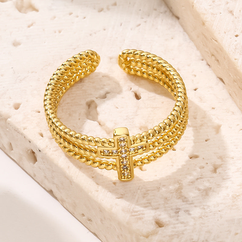 Open Adjustable Copper Ring With 18K Gold Plating Three Layer Hollow Zircon Cross Geometric Design Jewelry For Women