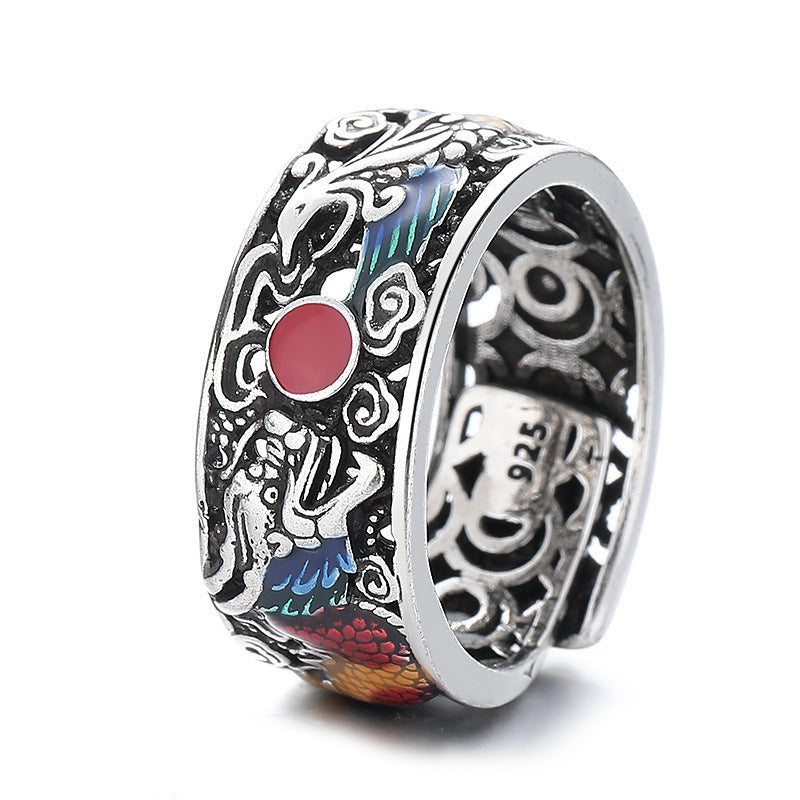 Ethnic Dragon And Phoenix Ring For Women Open Adjustable Copper Jewelry Prosperity Design Vintage Style Unique