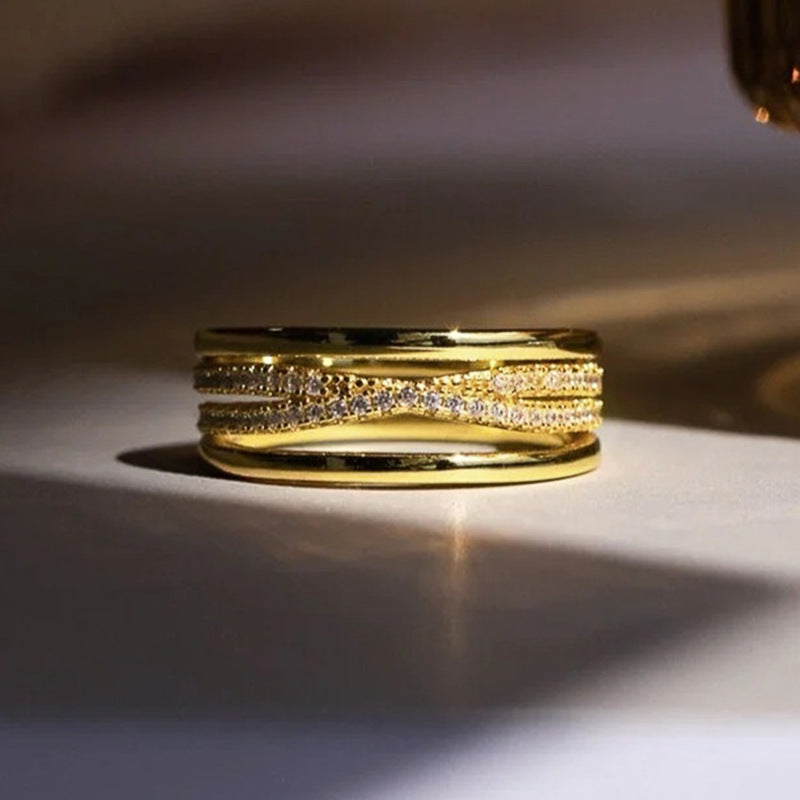 Geometric Cross Ring With Inlaid Zircon For Women In White Gold Tone Or Yellow Gold Tone Fashion Accessory Everyday Wear