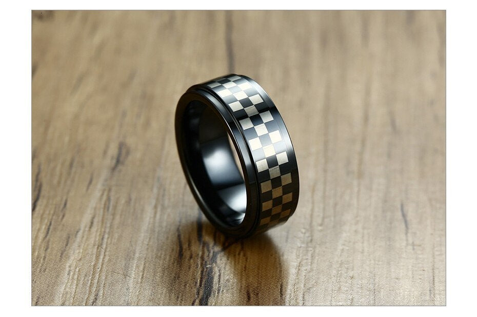 Unisex Rotating Ring Black White Checkered Stainless Steel Sturdier Fashion Accessory Modern Statement Jewelry