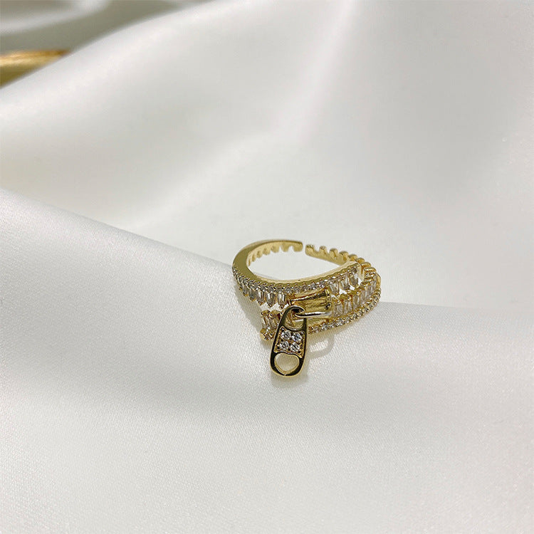 Gold Zircon Forefinger Ring Zip Open Design Open Mouth Copper Jewelry Adjustable Geometric Ellipse Pearl Accent