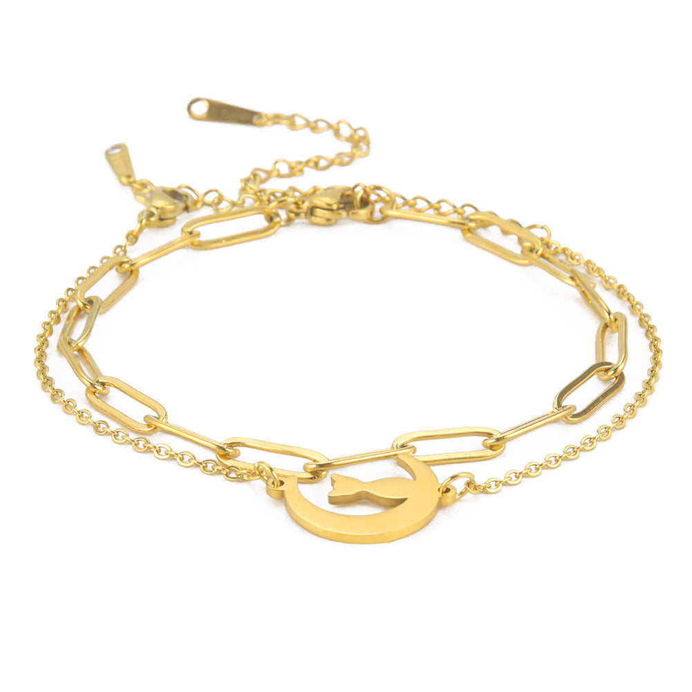 Womens Elegant Stainless Steel Double Layer Bracelet Pattern Design Simple Bangle Jewelry Gift For Her Stylish