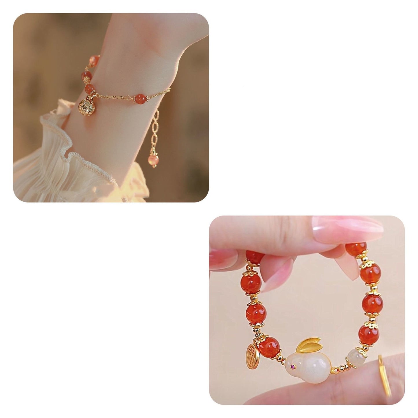 Womens Electroplated Alloy Bracelet Set Trendy Fashion Jewelry Simple Rabbit Shape Bangle Gift Red Yu Stone Charm