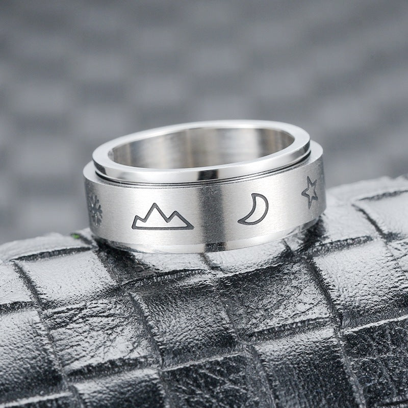 Rotating U Shape Stainless Steel Ring With Moon Design And Lightning Accent Plus Cat Detail Geometric Elements