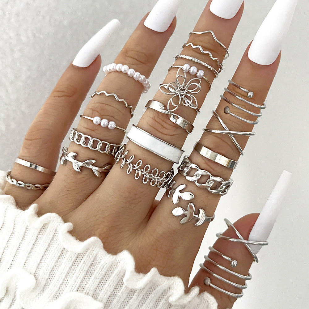 Womens Knuckle Rings Set 23 Pcs Trendy Ins Style Drop Shape Rings Cross Pearl Sun Moon Eye Gold Silver Alloy Female
