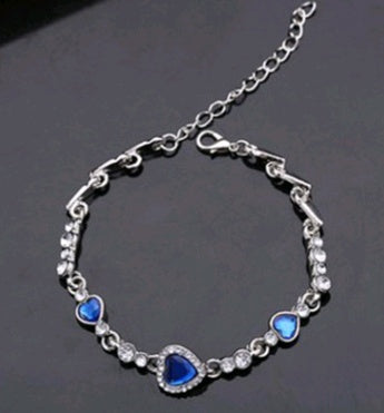 Heart Bracelet With Blue Crystals Love You Heart Design Alloy Metal Plated Finish Elegant Jewelry Gift For Her