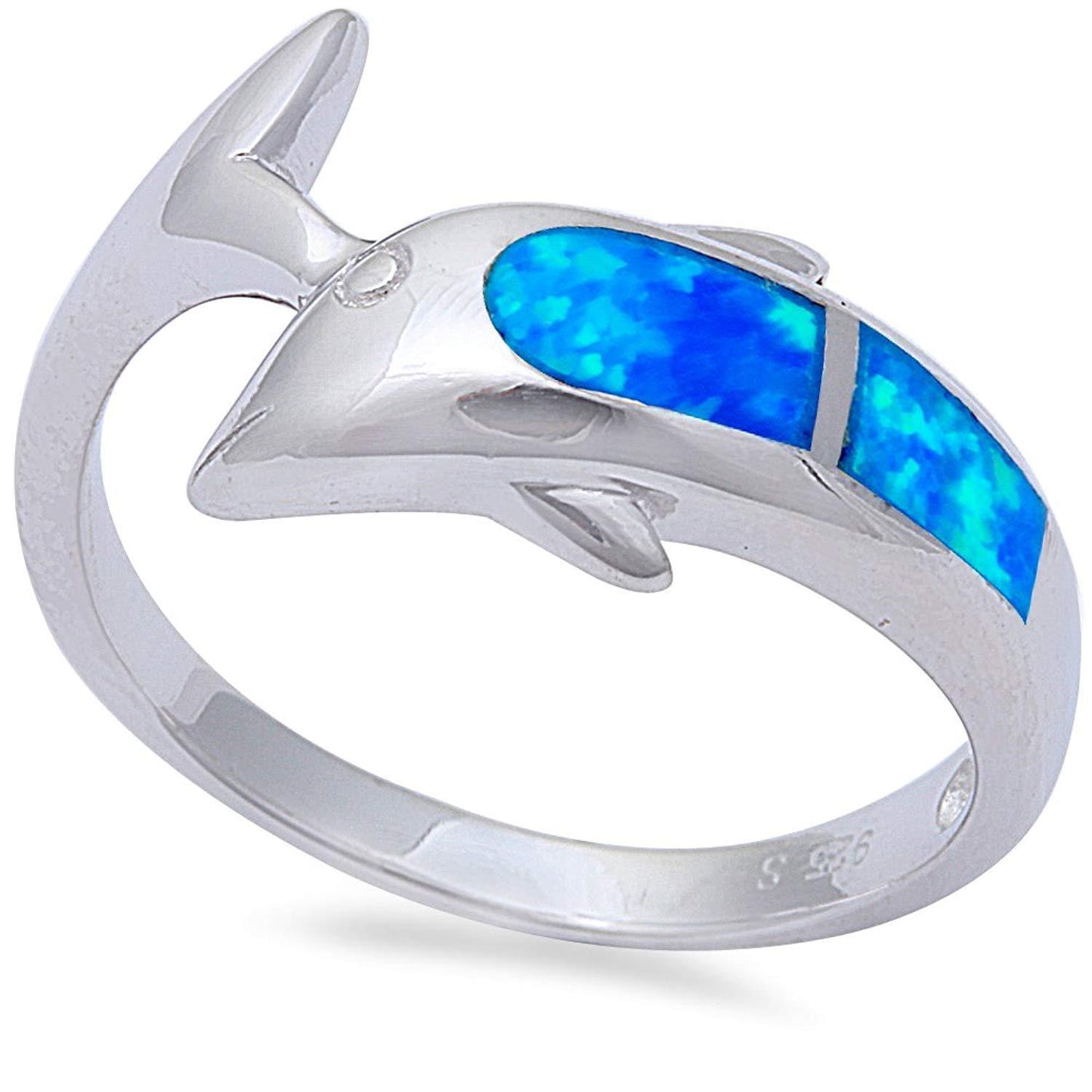 Womens Metal Ring Handmade Cartoon Character Design Gold Plated Inlay Blue Opal Dolphin Decoration Artificial Jewelry