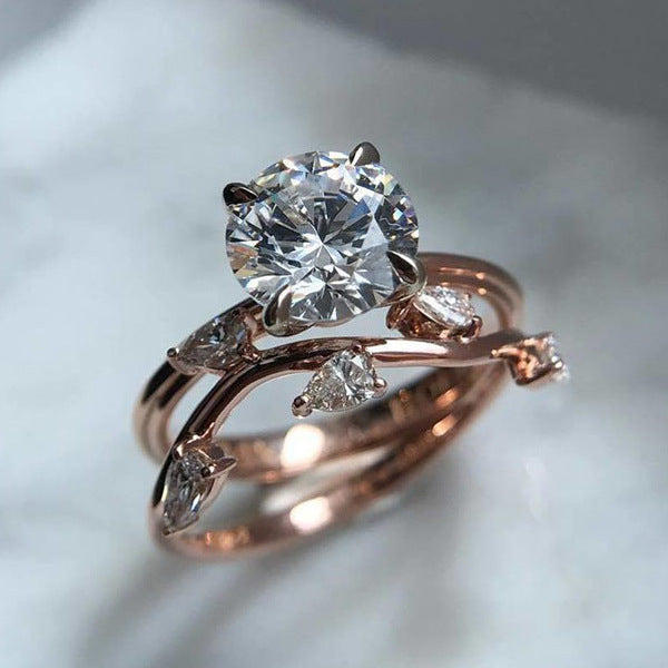 Leaf Shaped Zircon Ring Rose Gold Plated Copper Jewelry Elegant Statement Ring For Women Size No 6 To No 10 Ring