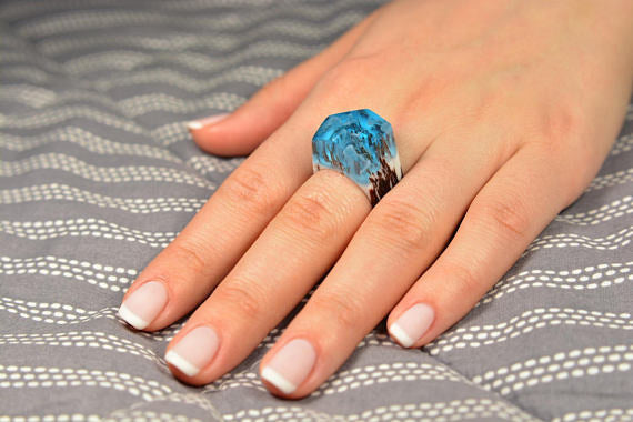 Unisex Wooden Ring Vintage Wood With Royal Deep Blue Resin Enchanted Forest Mountain Peak Design Birthday Gift