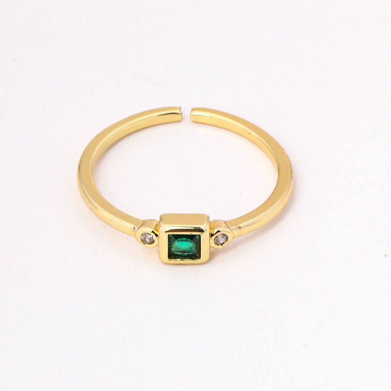 Geometric Square Zircon Ring With Green And Rose Red Inlays