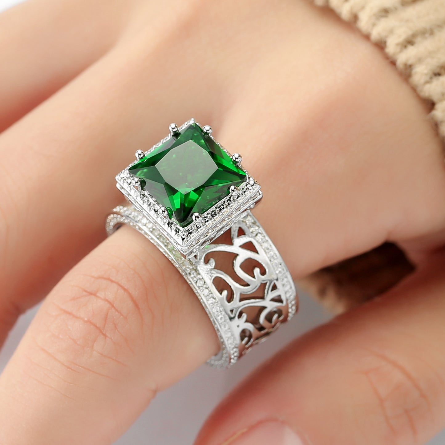 Emerald Green Square Cut Zircon Ring Copper Band Geometric Jewelry For Women Classic Sparkle Everyday Wear Set