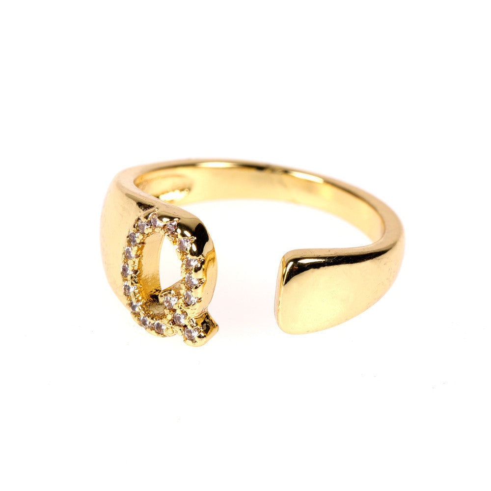 Women Initial Letter Ring Adjustable Gold Plated Diamond Accent Personalized Alphabetical Jewelry Gift For Her