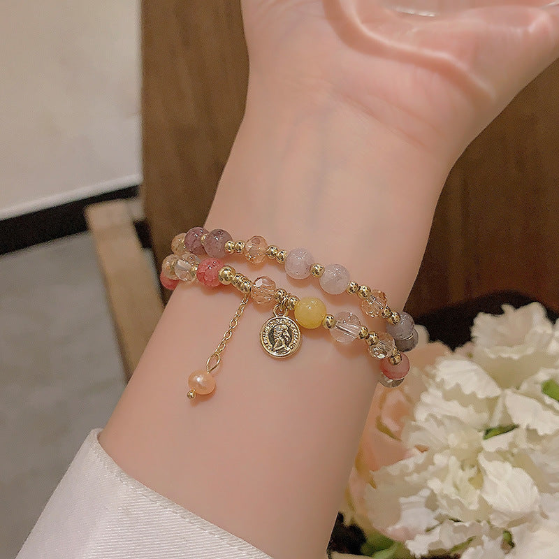 Womens Baroque Pearl Bracelet Portrait Round Double Layer Copper Electroplated Geometric Design 33cm For Women