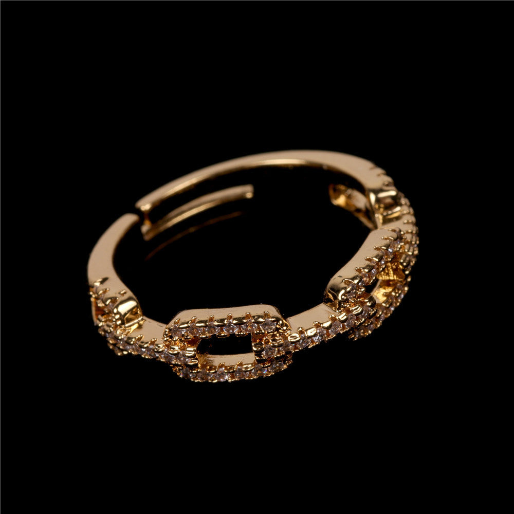Copper Chain Ring With Zircon Gold Plated Adjustable Fashion Jewelry For Women European American Style Sparkle