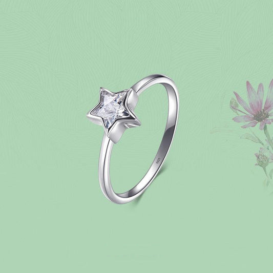 Womens Sterling Silver Ring With Star Design And Zircon Inlay Engagement Ring Jewelry Gift For Her Five Point Star
