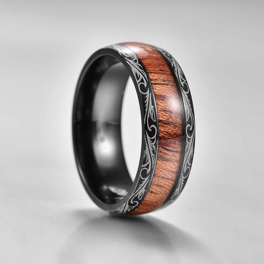 Mens Stainless Steel Ring Black Wood Grain Inlay Band Durable Fashionable For Daily Wear Stylish Ring Everyday