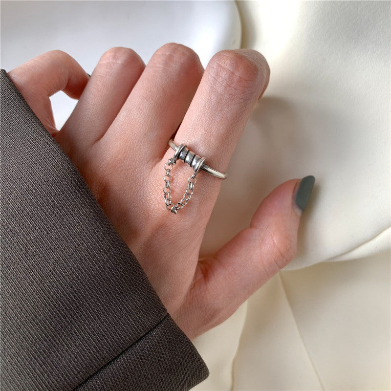 Thai Silver Geometric Chain Ring For Women And Girls Korean Retro Style Jewelry Non Inlaid Gift For Daily Wear
