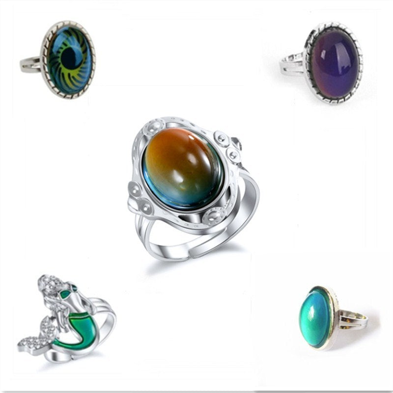 Mood Ring Color Changing Ring Temperature Sensing Gemstone Big Eye Ring Electroplated Metal Alloy Unisex Gift Accessory
