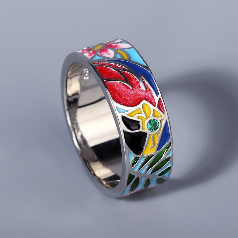 Womens Flower Enamel Ring Diamond Accent Brass Alloy Inlaid Fashion Jewelry Gift For Her Elegant Statement Piece