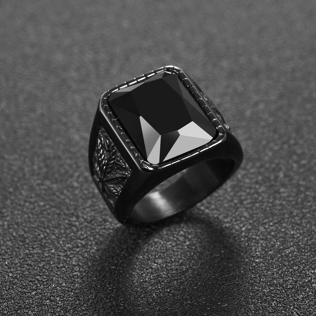 Mens Titanium Steel Ring Maple Leaf Design Black Ruby Gemstone Electroplated Geometric Statement Jewelry For Men