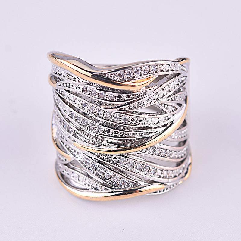 Gold Two Tone Ring Diamond Mosaic With Silver Inlay