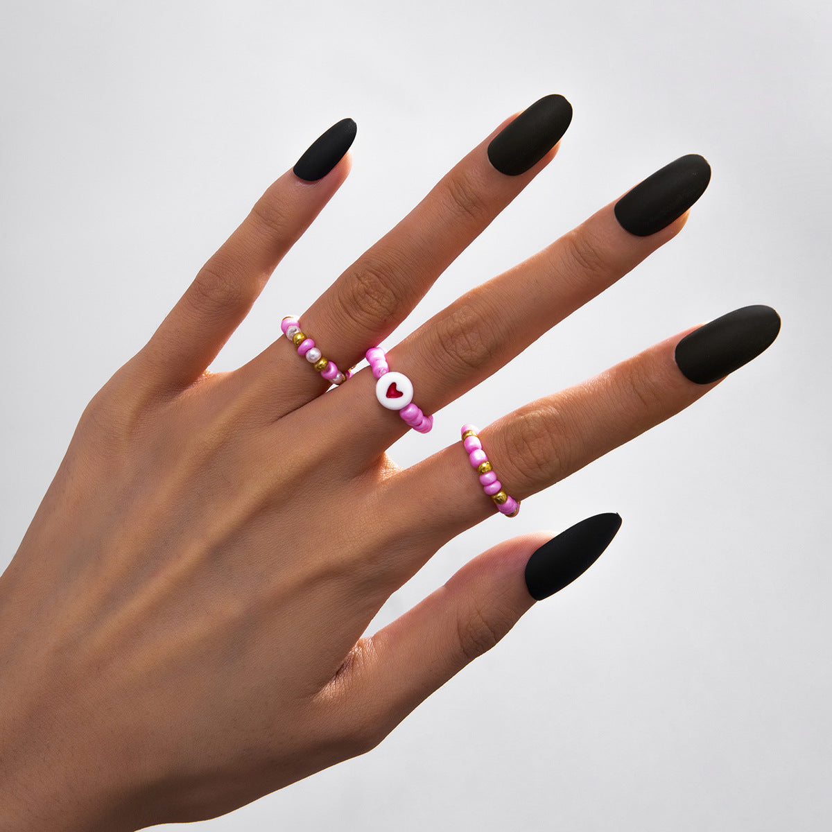 Heart Shaped Rings Set for Women Pink Rice Bead Acrylic Jewelry Set of 3 Cute Heart Rings Ideal Gift for Women