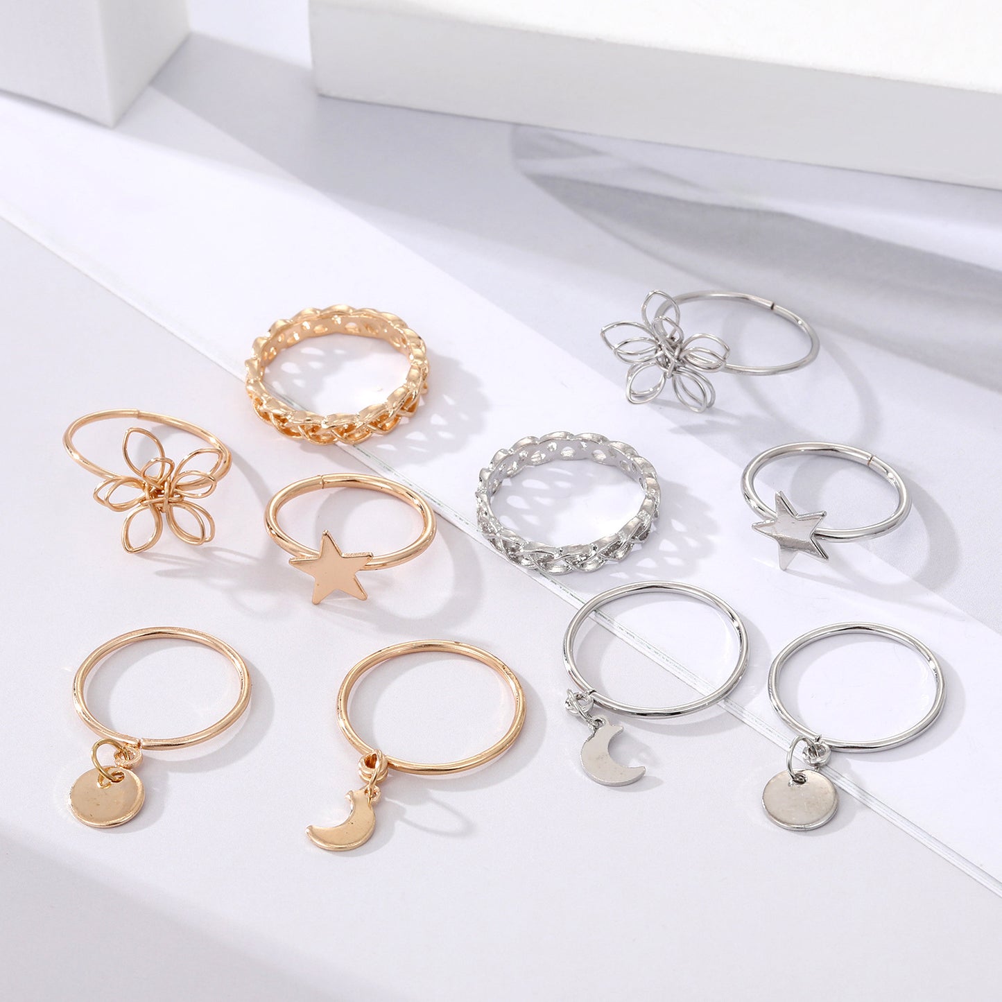 Unisex Geometric Ring Set Five Pointed Star Flower Alloy Fashion Jewelry Gold Tone Silver Tone 5 Piece For Him