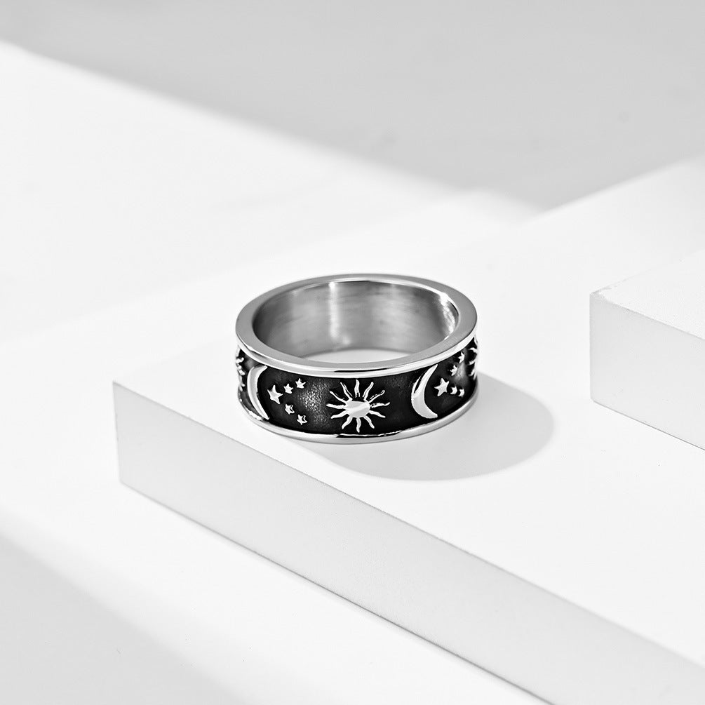 Stainless Steel Ring Featuring Stars Moon And Sun Design Unisex Boho Jewelry For Everyday Wear Cosmic Timeless