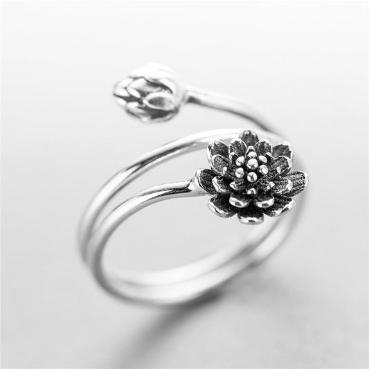 Lotus Flower Vintage Electroplated Unisex Ring Adjustable Opening 925 Silver Purity Birthday Gift Lotus Flower