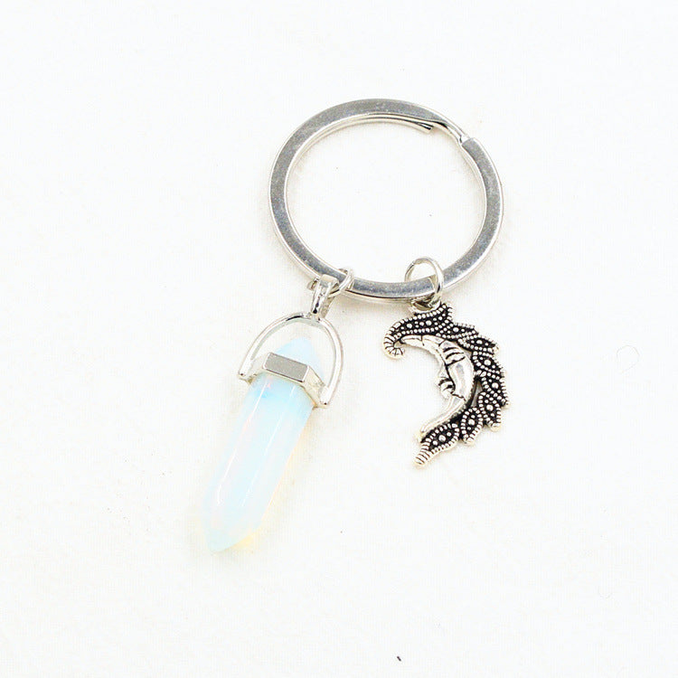 Unisex Alloy Heart Moon Sun Hexagonal Prism Natural Stone Celestial Keychain Pendant Accessory Jewelry Gift Lovers