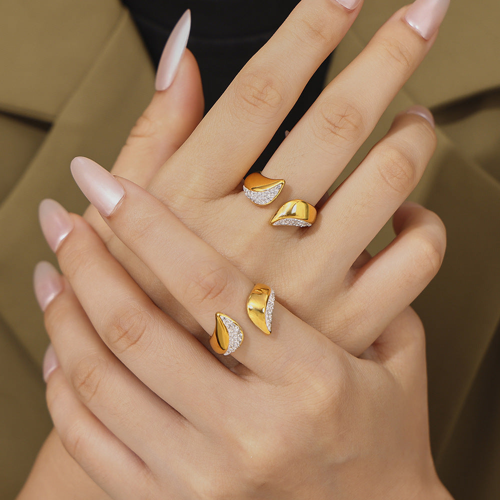 Geometric Titanium Steel Ring With Rhinestone Inlay Electroplated Fashion Jewelry Gift For Her Elegant Accessory
