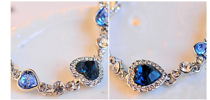 Heart Bracelet With Blue Crystals Love You Heart Design Alloy Metal Plated Finish Elegant Jewelry Gift For Her