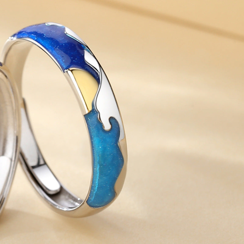 Sea Moon Ring Adjustable Enamel Sterling Silver Jewelry