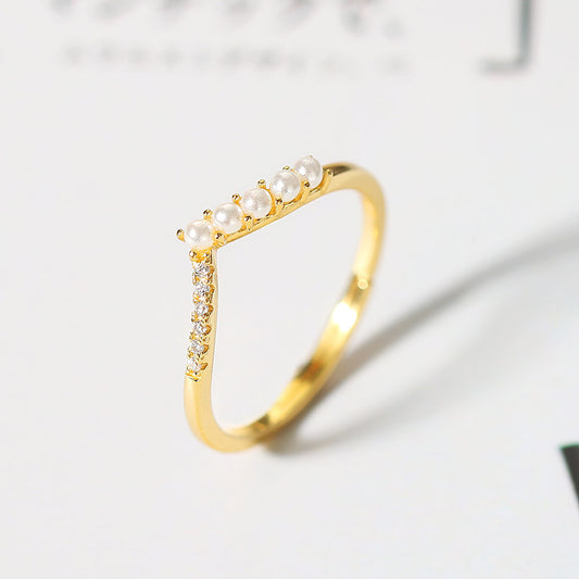 Golden Electroplated Womens Adjustable Ring Geometric V Shaped Shell Beads Index Finger Jewelry Fashion Trendy