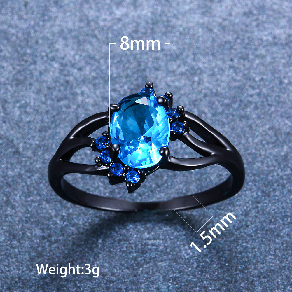 Oval Diamond Zircon Vintage Ring Gold Plated Copper Inlay Black Blue Gemstones Womens Timeless Sparkle Daywear