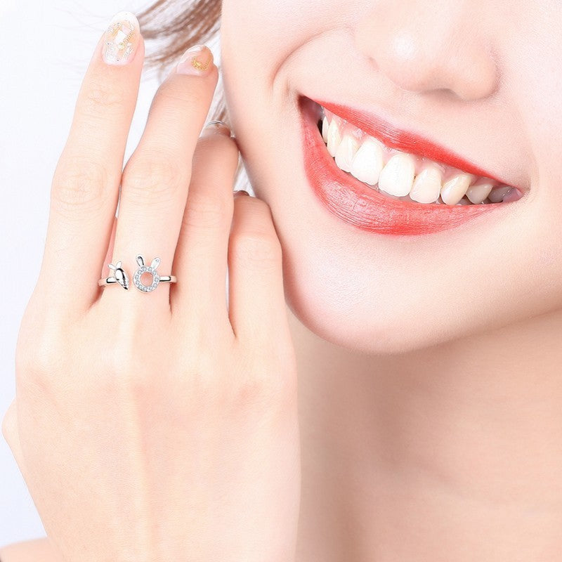 Unisex Rabbit Carrot Zircon Inlay Copper Ring Silver Plated Finish Korean Style Fashion Ring Elegant Bold Wear
