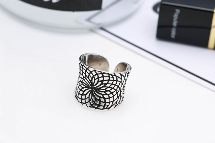 Vintage Wide Ring With Text Lettering Polished Silver