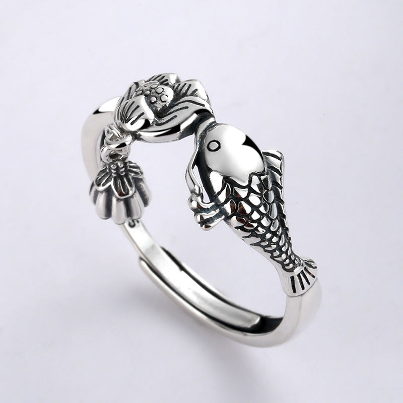 Sterling Silver Carp Ring With Lotus Tassel Adjustable Opening Band 8mm Width Jewelry Gift For Women Accessory