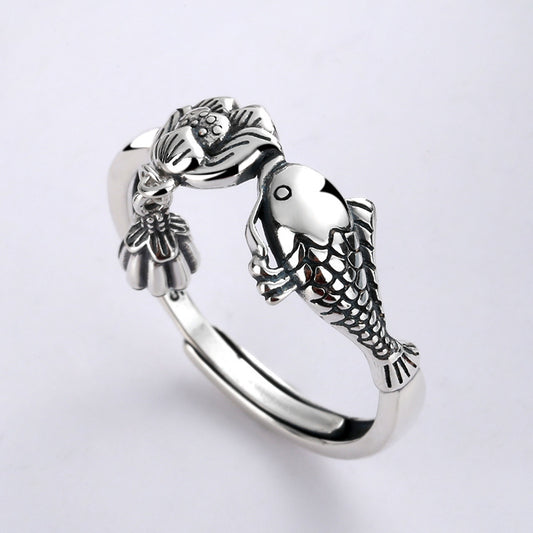 Sterling Silver Carp Ring With Lotus Tassel Adjustable Opening Band 8mm Width Jewelry Gift For Women Accessory